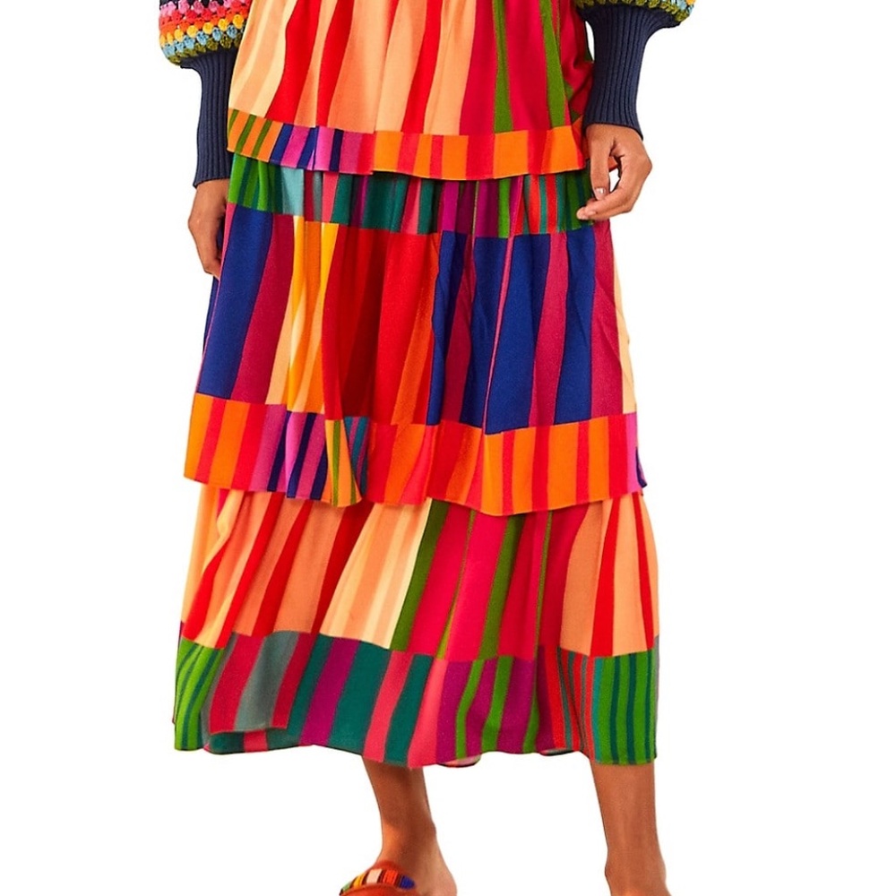 Farm Rio Sunset Stripes Tiered Midi Skirt (XS)